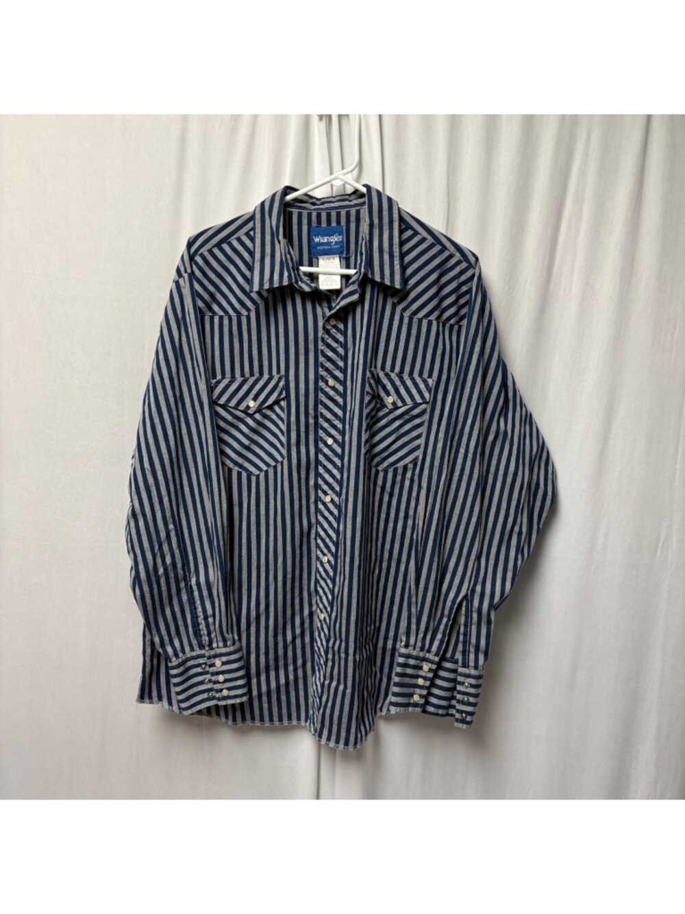Wrangler Western Shirt Mens Size XL Blue Gray Striped Pearl Snaps Long Sleeve